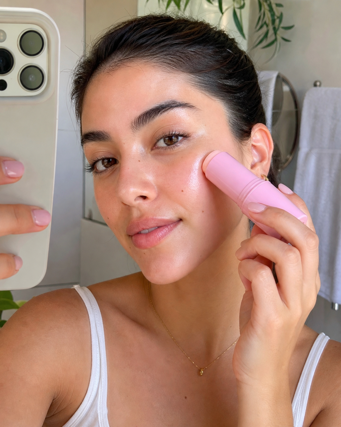 Mujer chilena aplicando un balm rosado de skincare en la mejilla