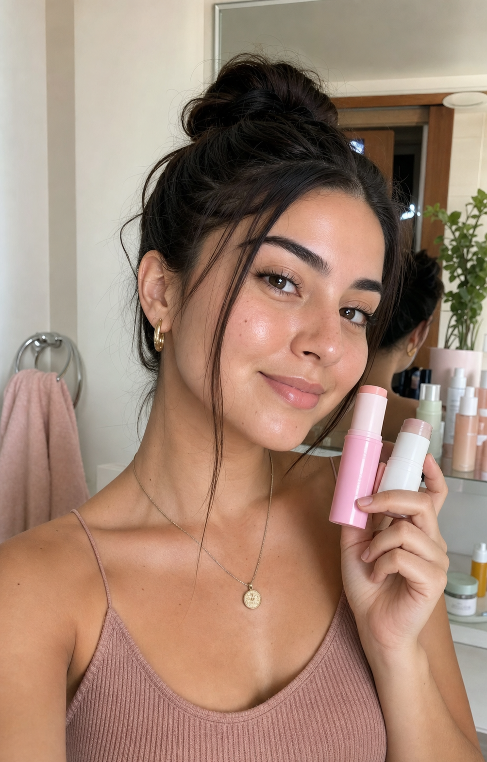 Mujer chilena mostrando dos productos de skincare en su rutina