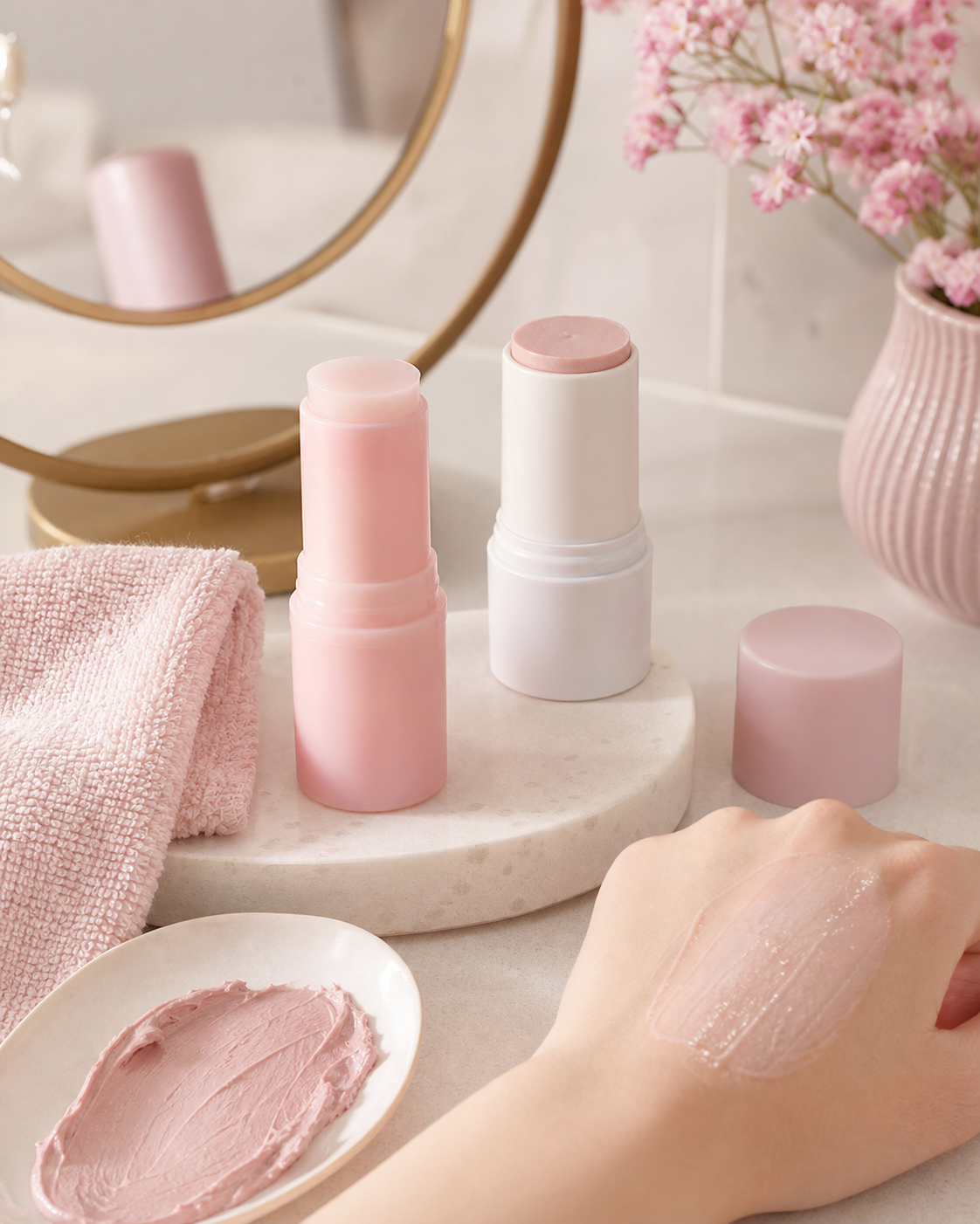Productos rosados de skincare en un tocador con textura aplicada en la mano