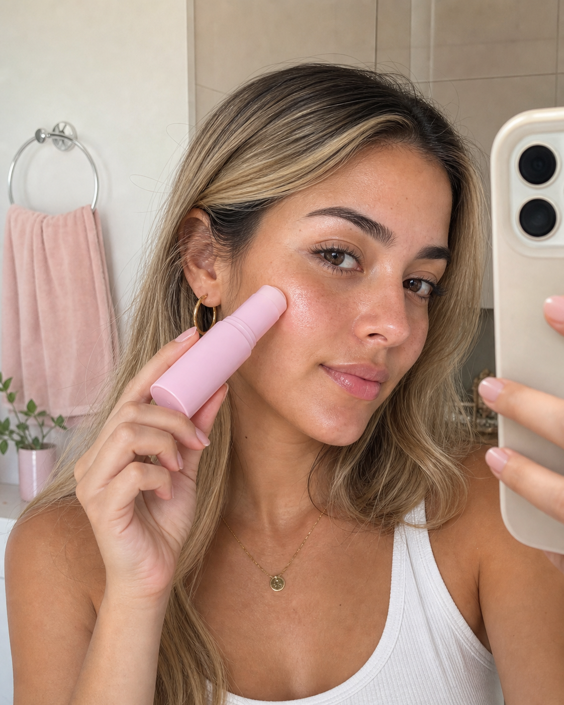 Mujer latina rubia aplicando un balm rosado frente al espejo