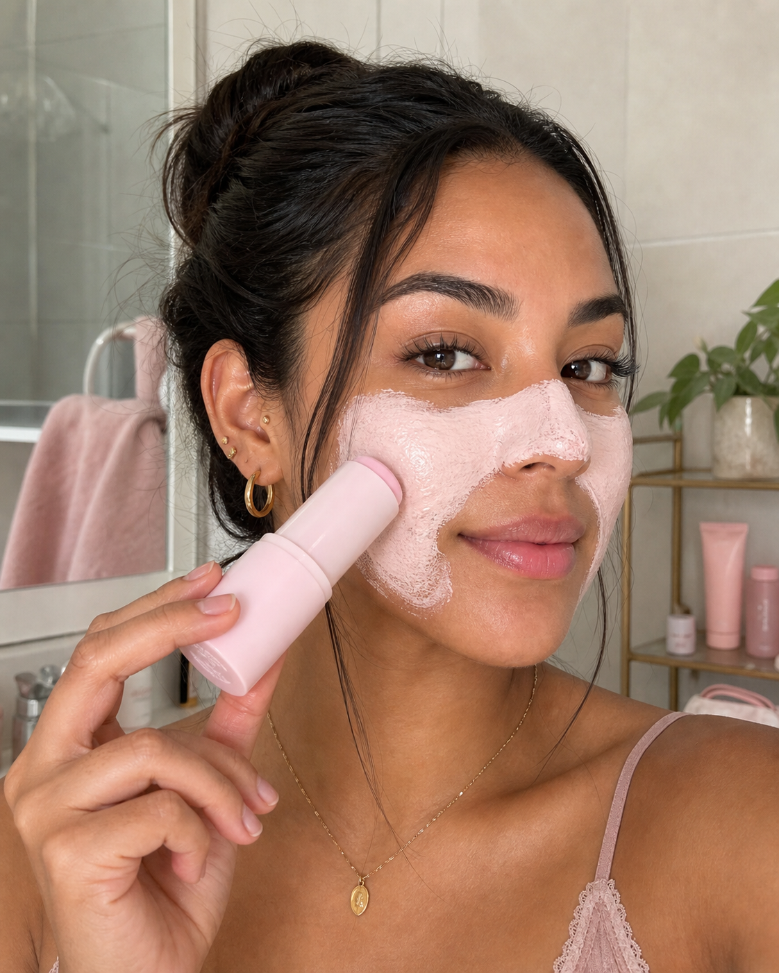 Mujer latina morena aplicando una mascarilla rosada en stick