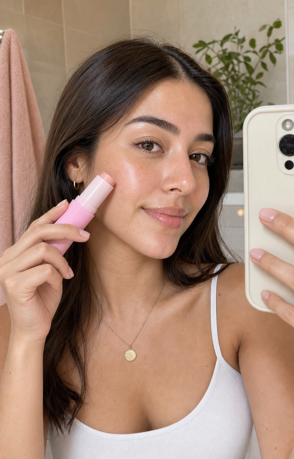 Mujer latina morena usando un balm rosado en una selfie de skincare