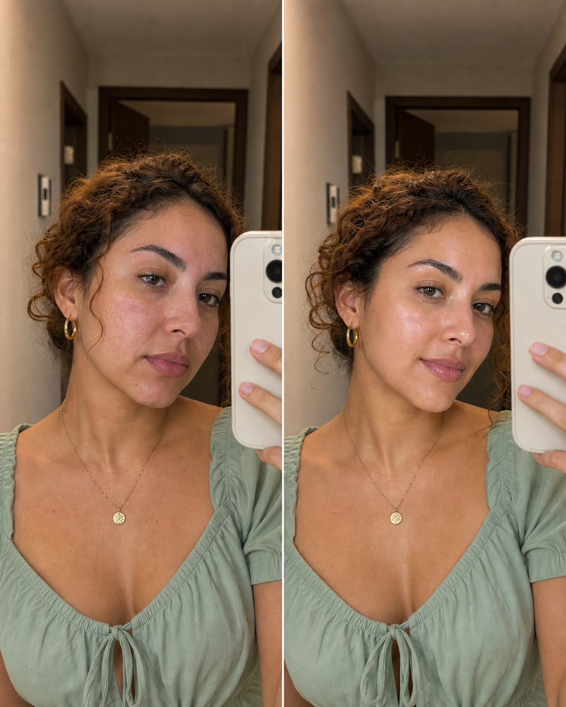 Antes y despues compacto en espejo de pasillo con blusa verde
