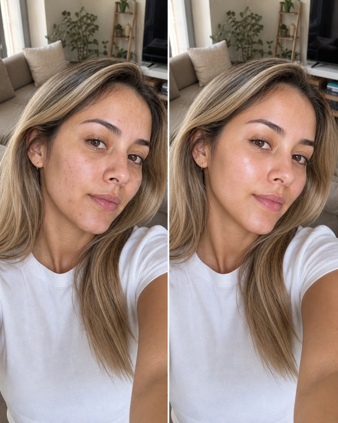 Antes y despues compacto en living con polera blanca